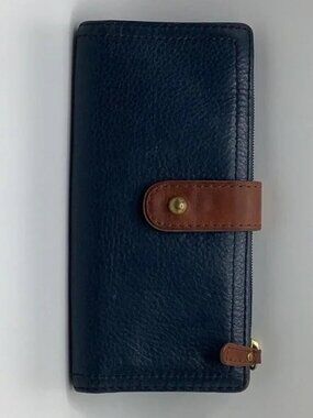 Fossil Leather Wallet Navy Blue Cowhide Zip Up Card Holder Organizer